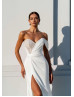 One Shoulder Beaded White Lace Satin Slit Sexy Wedding Dress